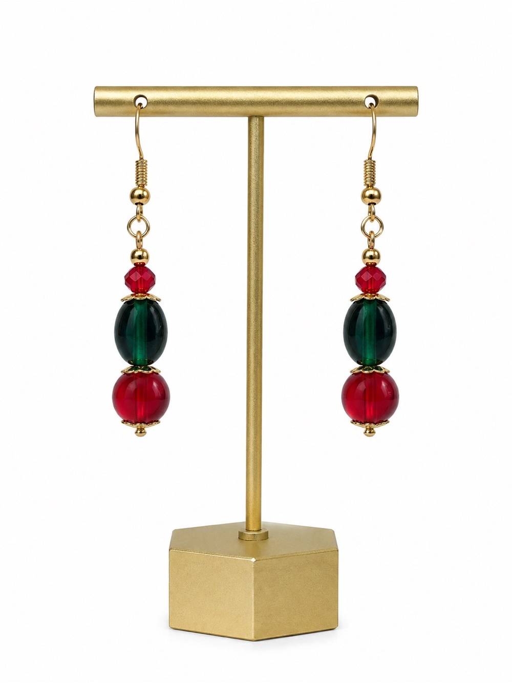 Handcrafted Red Green Crystal Bead Drop Earrings Gold Tone Holiday